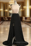 A Line Champagne Black Cap Sleeve Backless Long Prom Dresses