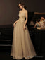A-Line Champagne Prom Dresses Long Lace Long Prom Dresses