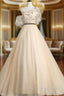 A Line Champagne One Shoulder Prom Dresses Long Prom Dresses