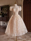 A-Line Champagne Pink Tulle Lace Tea Length Prom Dresses With Beads