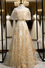 A Line Champagne Tulle Appliques Prom Dress
