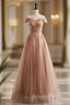 A-Line Champagne Tulle Beading Sequins Prom Dress