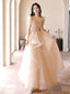 A-Line Champagne Tulle Lace Long Prom Dresses Champagne Long Prom Dresses