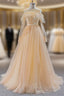 A-Line Champagne Tulle Long Sleeve Backless Prom Dress