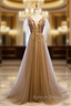A Line Champagne Tulle V Neck Backless Appliques Prom Dresses