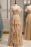 A Line Champagne Tulle V Neck Pleats Prom Dress