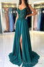 A Line Chiffon Beaded Long Prom Dress, Dark Green Spaghetti Strap Prom Dress