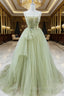A Line Corset Back Sage Green Tulle Long Dresses