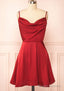 A-Line Cowl Neck Sleeveless Short/Mini Charmeuse Red Homecoming Dresses With Pleated