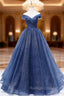 A-Line Dark Blue Tulle Long Prom Dresses, Blue Formal Evening Dress