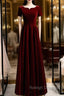 A Line Dark Burgundy Velvet Short Sleeve Prom Dress