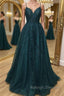 A Line Dark Green Tulle Lace Long Prom Dresses Dark Green Lace Prom Graduation Prom Dresses