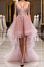 A Line Deep V Neck Beaded Appliques Multi-Layers Hi-Low Prom Dresses