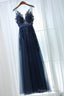 A-Line Deep V-Neck Floor-Length Navy Blue Tulle Prom Dress With Appliques