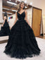 A Line Deep V Neck Tiered Long Glitter Tulle Prom Dress