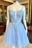 A Line Deep V Neck Tulle Short Homecoming Dress
