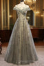 A-Line Prom Gown Elegant Dresses Wedding Floor Length Short Sleeve Tulle With Pleats