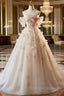 A-line Floral Champagne Tulle Long Prom Dress, Elegant A-Line Formal Evening Dress