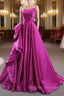 A Line Fuchsia Satin Strapless Pleats Prom Dress