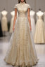 A Line Gold Sequins High Neck Cap Sleeve Prom Dress