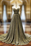 A Line Gold Tulle Sweetheart Pleats Prom Dresses With Pearls