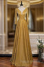A Line Gold V Neck Long Sleeve Prom Dresses