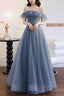 A-Line Gray Blue Off The Shoulder Long Prom Dress Sparkly Evening Dress