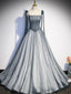 A Line Gray Long Prom Dress Tulle Gray Prom Graduation Dresses with Beading