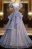A-Line Gray Sequin Long Prom Dress, Sequin Tulle Formal Evening Dresses