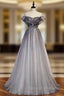A-Line Gray Tulle Beading Cap Sleeve Prom Dress