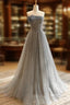 A Line Gray Tulle Sequin Long Prom Dress, Gray Long Formal Dress