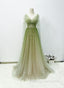 A Line Green Gradient Puffy Sleeves Tulle Long Prom Dresses Green Long Prom Dresses