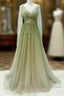 A-Line Green Gradient Tulle Long Sleeves Party Dress, V-Neckline Green Formal Dress Prom Dress