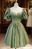 A Line Green Puffy Sleeve Satin Short Prom Dress, Green Short Formal Dress