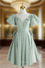 A Line Green Puffy Sleeve Short Prom Dresses Green Prom Dresses