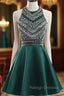 A Line Green Satin Crystal Short Homecoming Dress