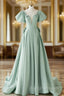 A-Line Green Satin Long Prom Dress, Green Long Evening Dress