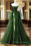 A-Line Green Sequins And Tulle Long Party Dress, Green Evening Dress Formal Dress