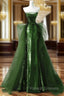 A Line Green Sequins And Tulle Long Prom Dress, Green Prom Dress Formal Dress