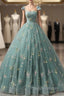 A Line Green Tulle Lace Long Prom Dresses, Green Formal Prom Dress