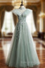 A Line Green Tulle Sequins High Neck Backless Appliques Prom Dresses