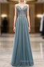 A Line Green Tulle Spaghetti Straps Beading Prom Dress
