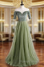 A-Line Green Tulle Velvet Short Sleeve Prom Dress
