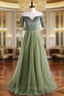 A Line Green Tulle Velvet Short Sleeve Prom Dresses