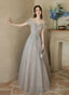 A Line Grey Shiny Tulle Off Shoulder Prom Dress, Grey Beaded Prom Dress