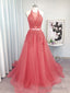 A Line Halter Appliques Lace Sweep Train Tulle Dress