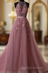 A Line Halter Neck Lace Prom Dress With Sweep Train, Backless Formal Dress, Evening Dress