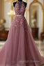 A-Line Halter Neck Lace Prom Dresses With Sweep Train Backless Prom Dresseses
