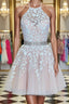 A Line Halter Neck Short Pink Lace Prom Dresses with Belt Pink Lace Prom Graduation Homecoming Dresses