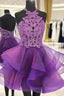 A Line Halter Sleeveless Organza Short Mini Homecoming Dress With Appliqued Beading Lace